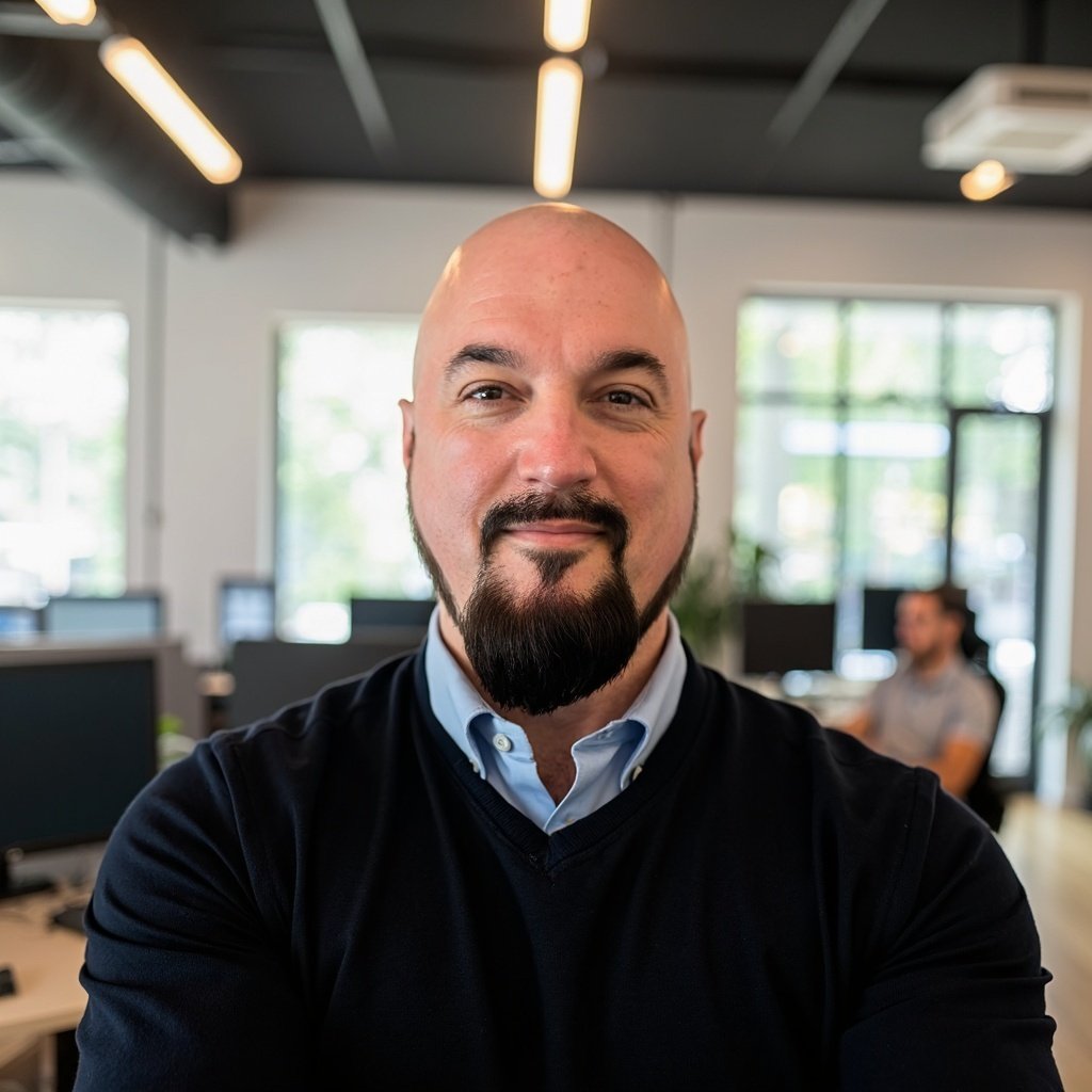 Michael Rishi Forrester, head and shoulders, in an open office with windows behind him