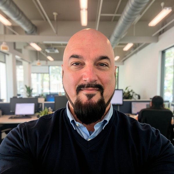 Michael Rishi Forrester in a navy sweater, smiling, in an office