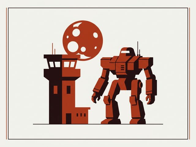A mech standing beside a watchtower under a large moon, framed like a chronicle plate