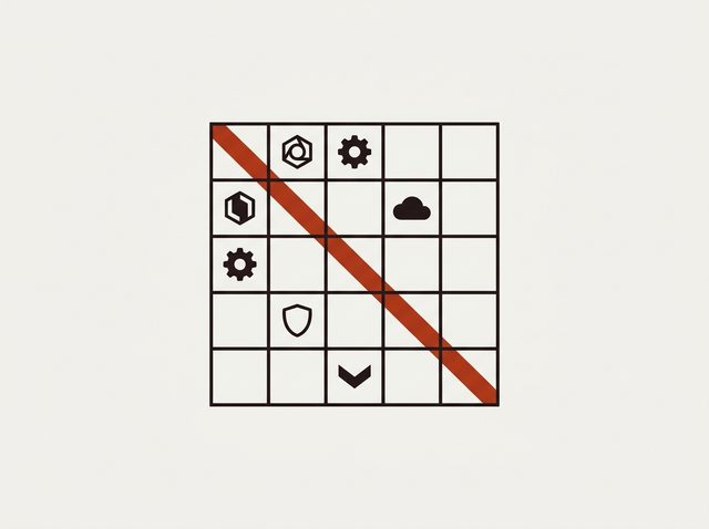 A bingo card of small pictograms, a hexagon, gears, a cloud, a shield, with one diagonal struck through in red