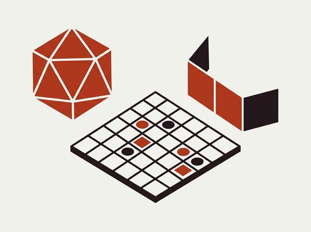 A tabletop from above: a twenty-sided die, a battle grid with tokens, and a folded dungeon master's screen