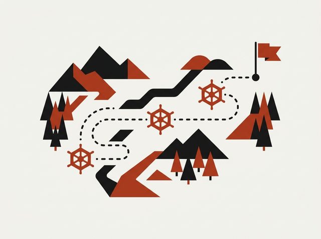 A quest map: a dotted path winding through hills and pines past ship's-wheel waypoints to a flag