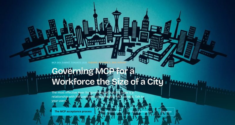 The keynote site's poster: a paper-cut city skyline in teal, crowds walking toward an open gate, and the title Governing MCP for a Workforce the Size of a City