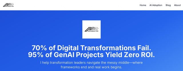 The Performant Professionals home page: the chevron logo above the headline on a blue ground